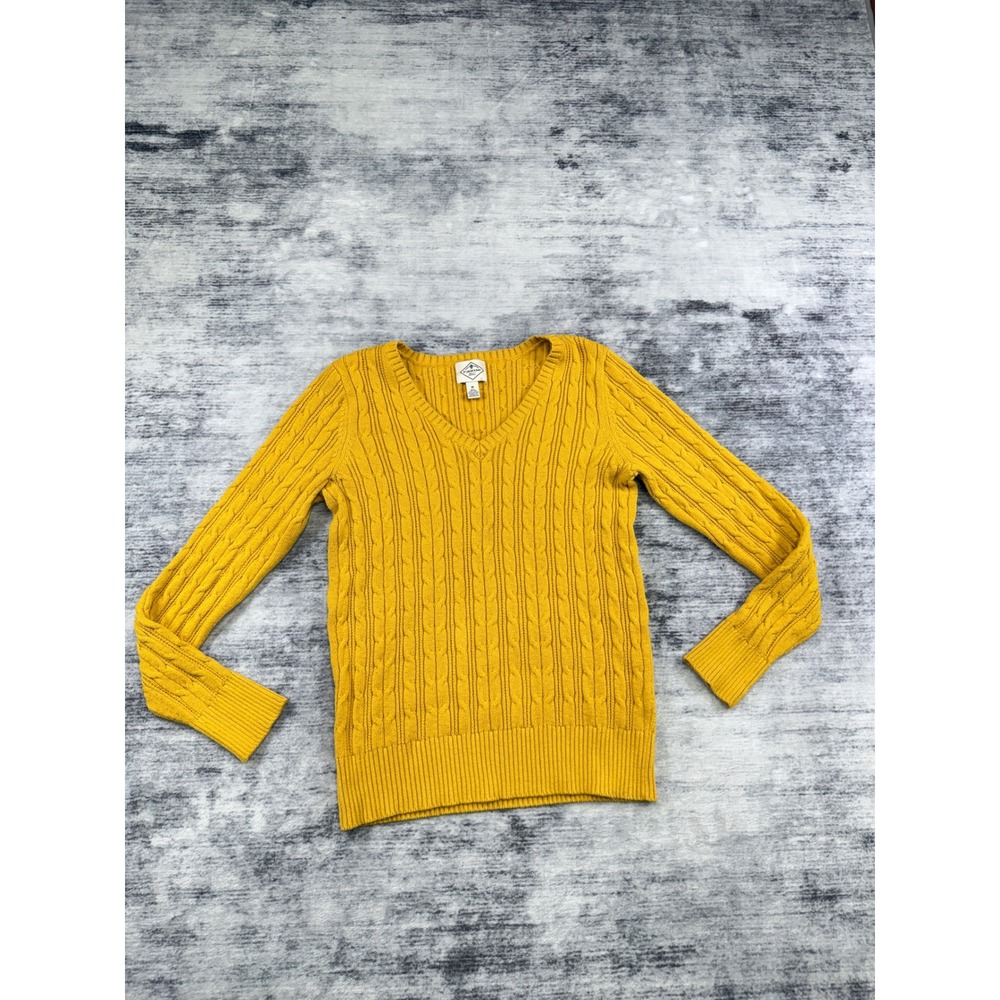St Johns Bay Womens Mustard Yellow Cable Knit V-Neck Sweater Size M Cotton Blend